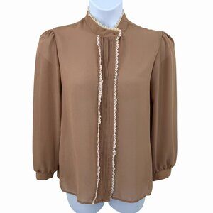 VINTAGE TERRY CHICAGO LT BROWN & BEIGE LACE TRIM PLEATED FRONT REGENCY BLOUSE